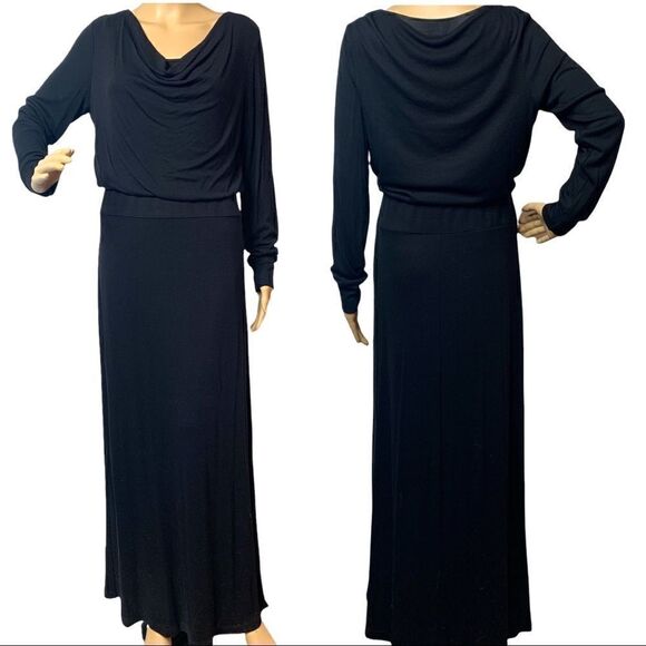 Black Maxi Dress Chicos Cowl Neck Side Slit Ribbed Blouson Size Small 8 10 NWT - Picture 3 of 11